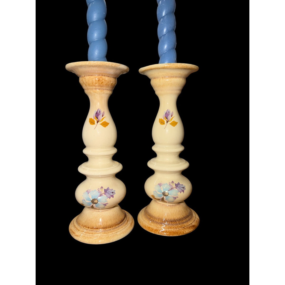 Vintage Floral Ceramic Candlestick Holders Pair 8 Inch with Blue Taper Candles