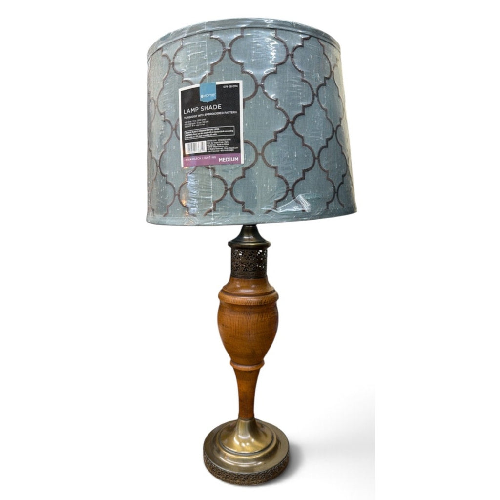 Vintage Turned Wood Table Lamps Brass Filigree Aqua Shades Pair