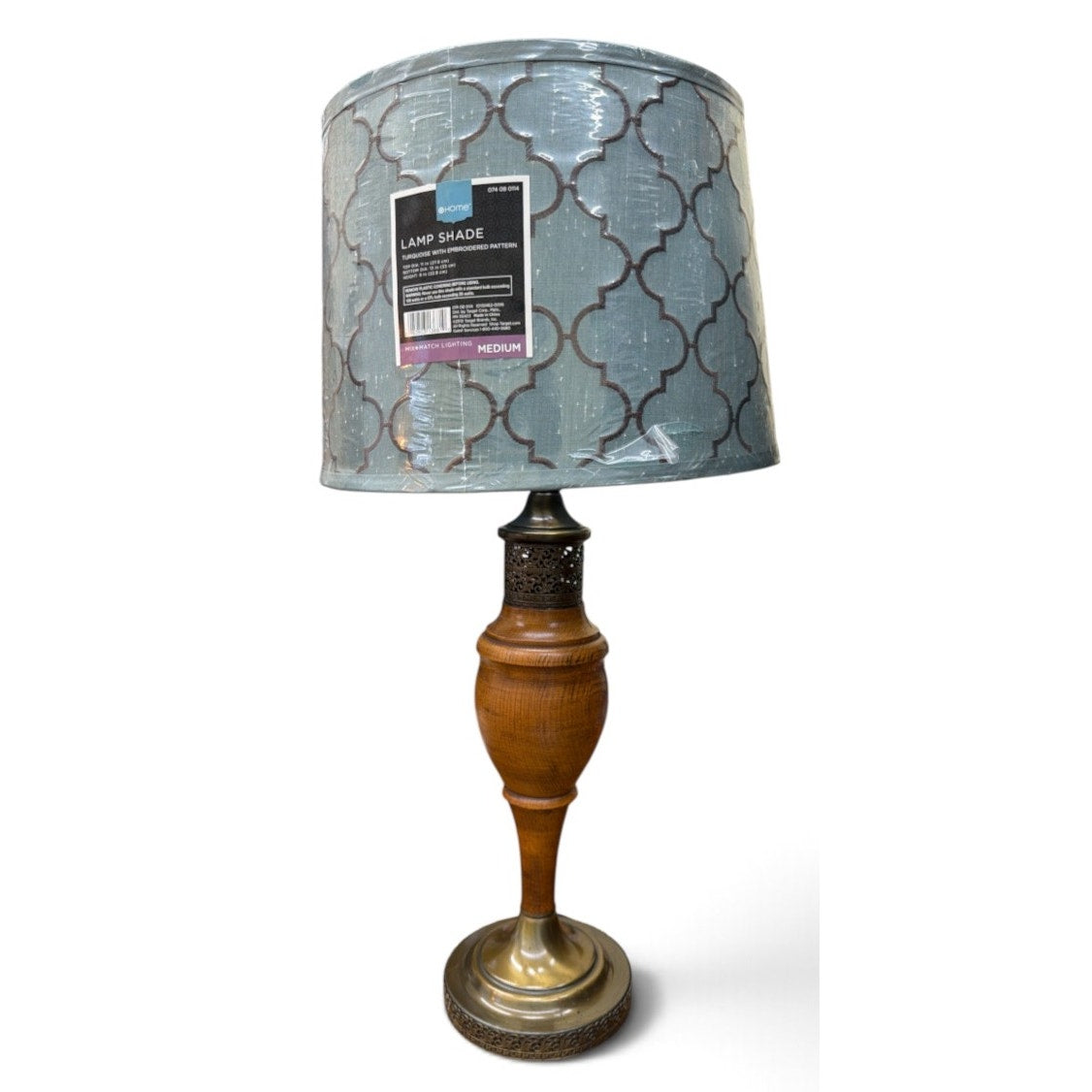 Vintage Turned Wood Table Lamps Brass Filigree Aqua Shades Pair