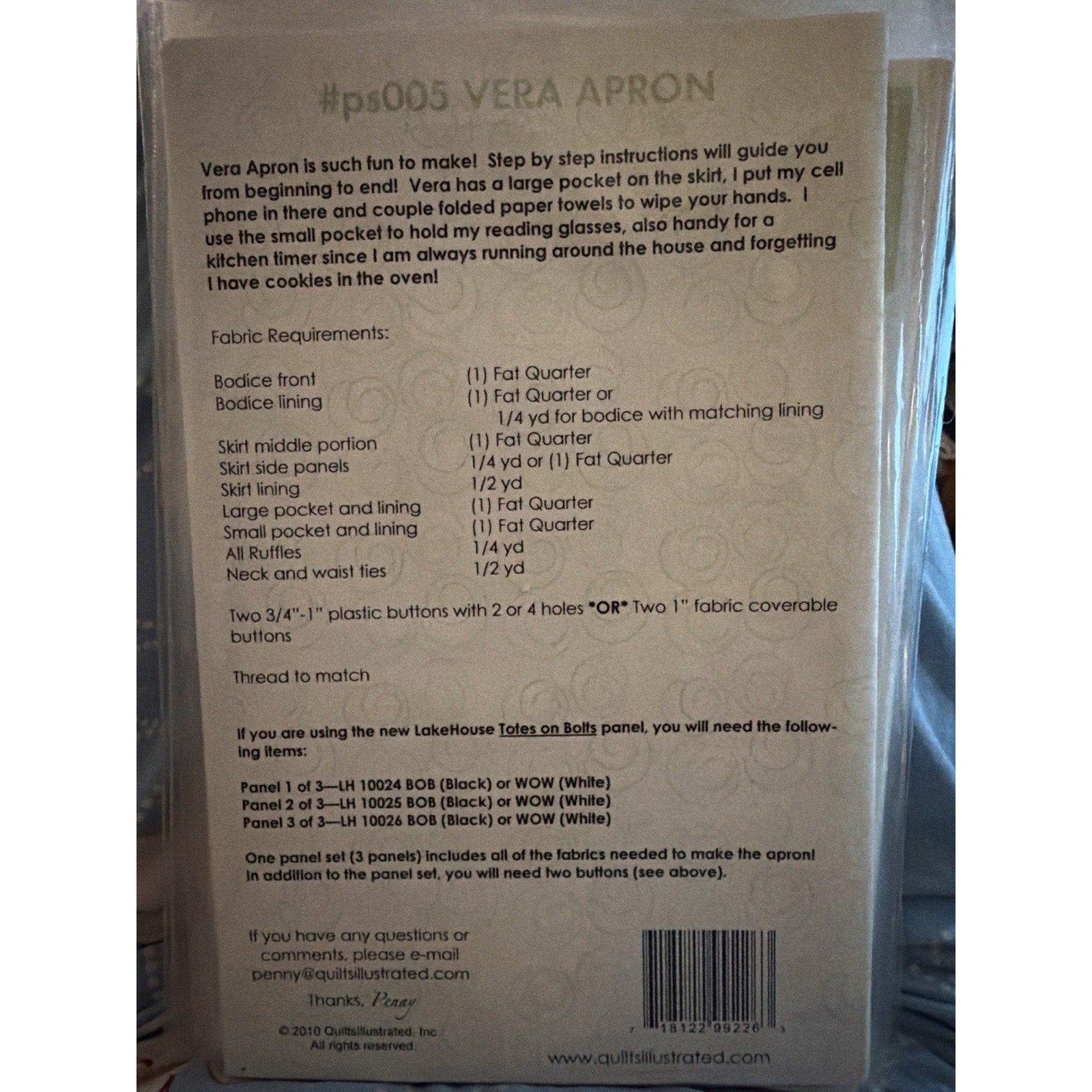 Quilts Illustrated Vera Apron Pattern PS005 Penny Sturges NOS