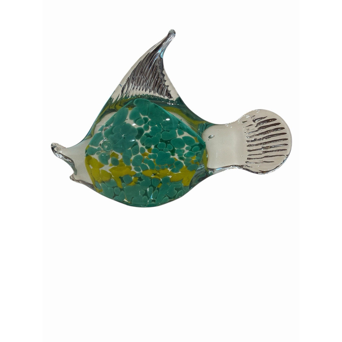 Art Glass Fish Paperweight Blue Green Swirl Clear Fins Coastal Decor 5”