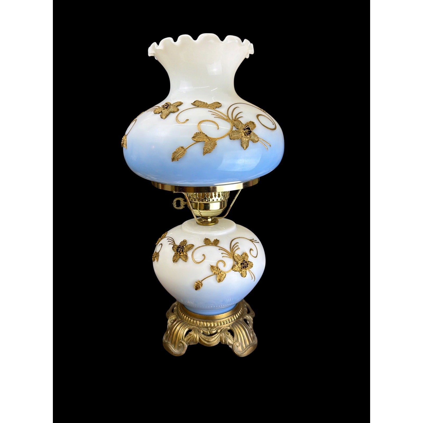 Attributed Falkenstein Blue Opaline Gone With the Wind Dual Light Hurricane Lamp