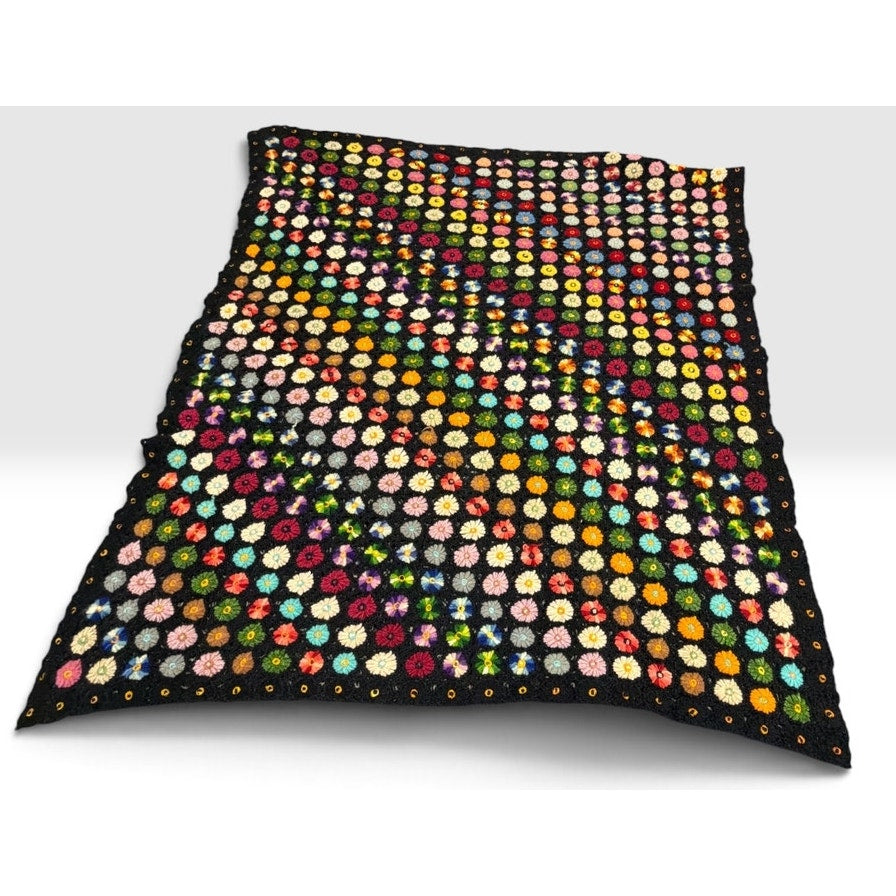 Vintage Wool Crochet Afghan Black Multicolor Miniature Flower Blanket 53 x 45 – additional view 2