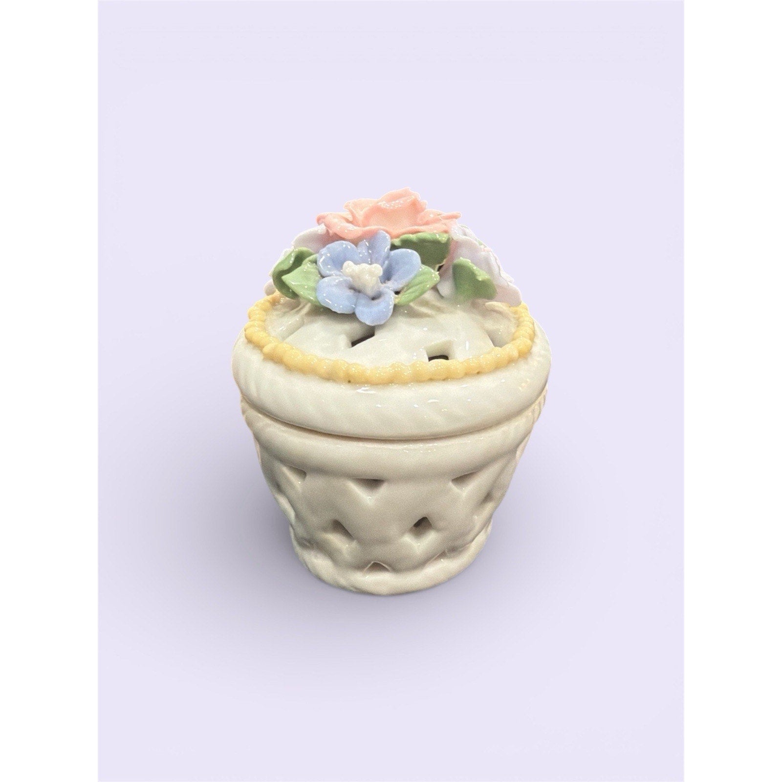 Porcelain Floral Pierced Trinket Box 3” Cottagecore Keepsake Made in China