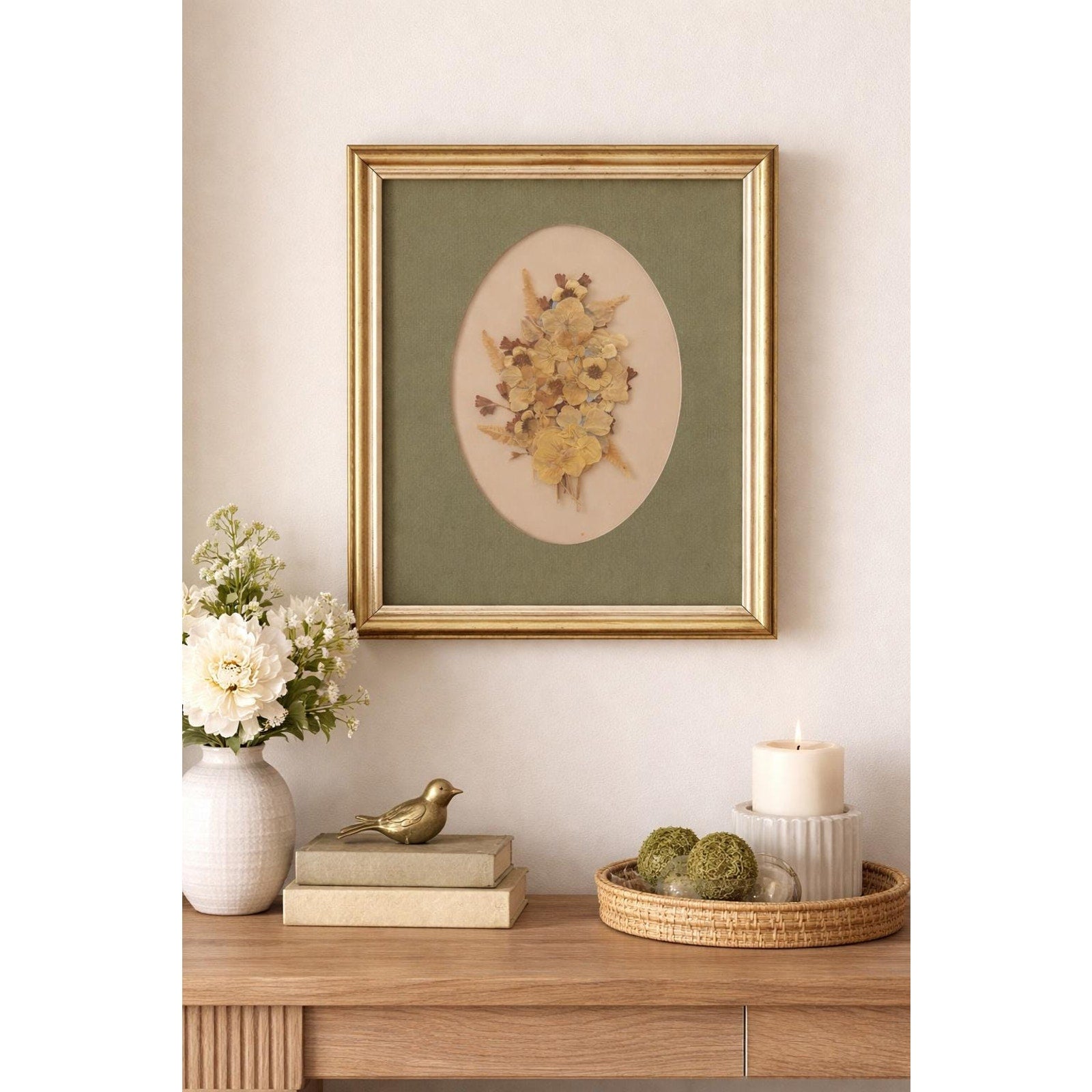 Vintage Pressed Flower Art Framed Botanical Wall Decor, Oval Mat, Gold Frame