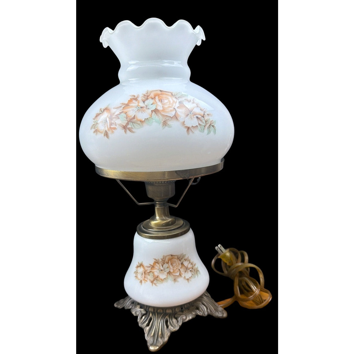 Vintage Milk Glass Hurricane Table Lamp with Floral Shade & Cast Metal Base