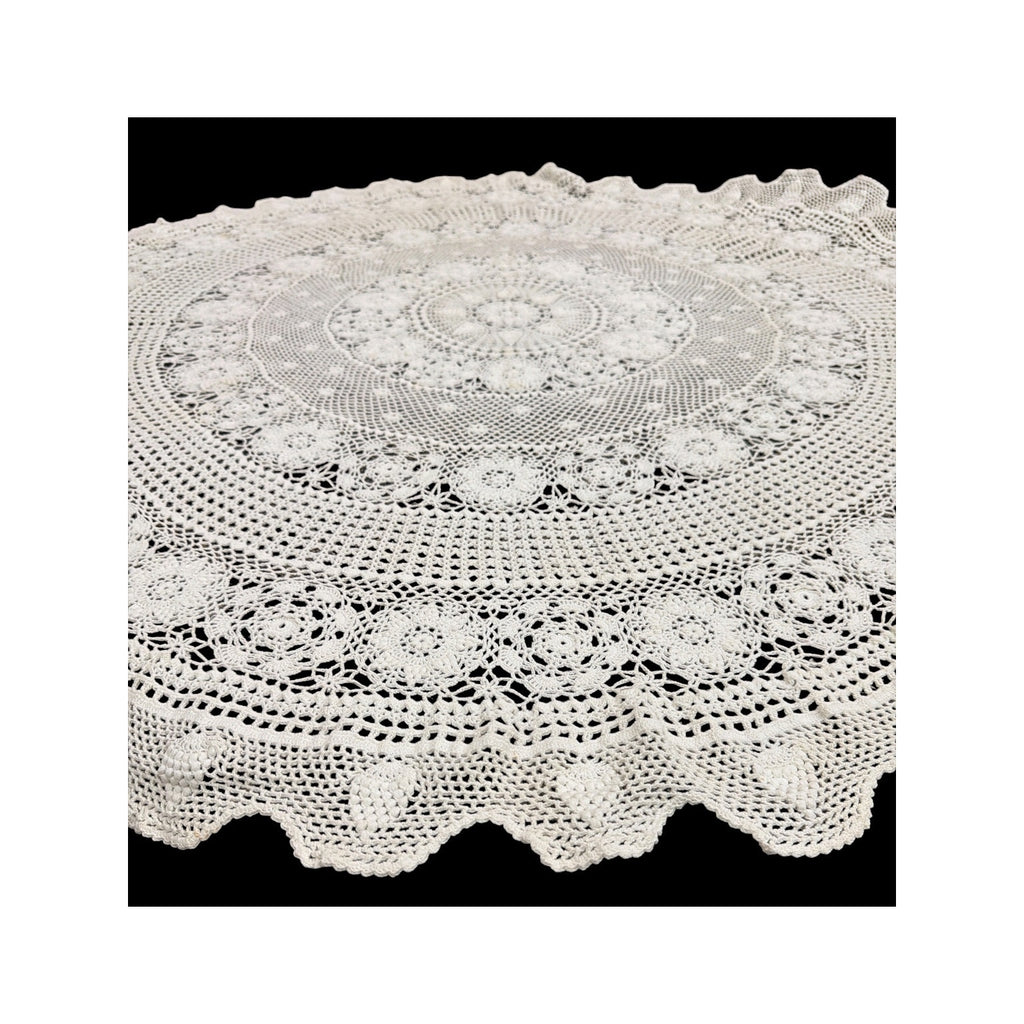 Vintage Hand Crochet Lace Tablecloth 57" Round Floral Wedding Table Linen – additional view 3