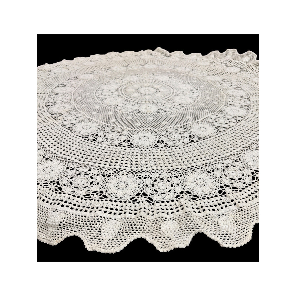 Vintage Hand Crochet Lace Tablecloth 57" Round Floral Wedding Table Linen – additional view 3