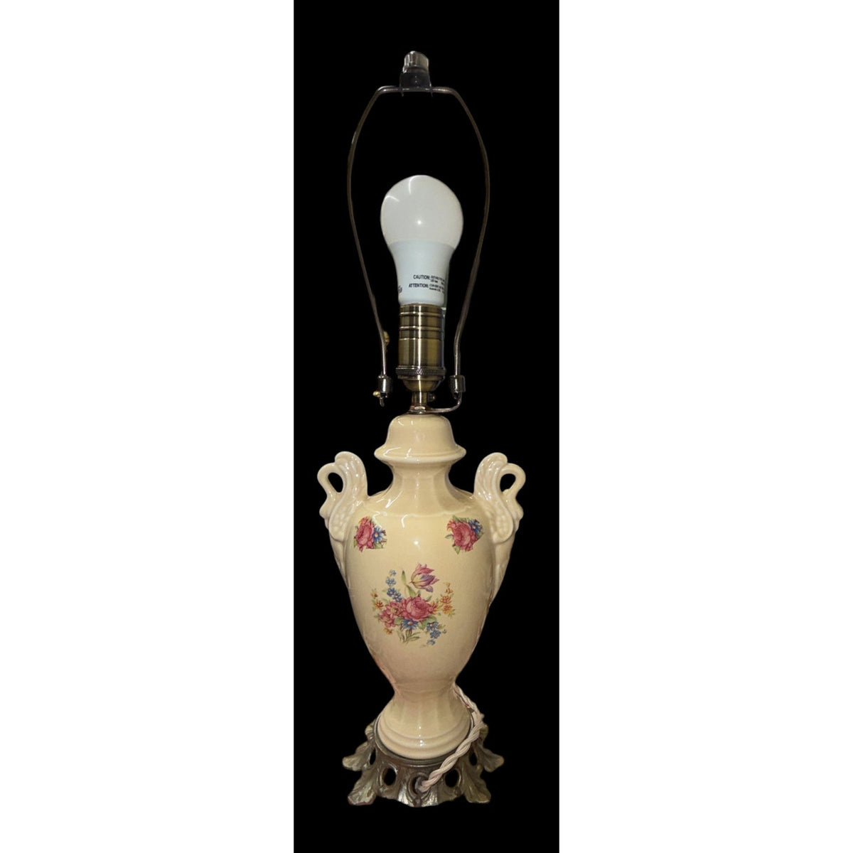 Vintage Floral Swan Handle Boudoir Lamp Cream Ceramic Urn Ruffled Shade