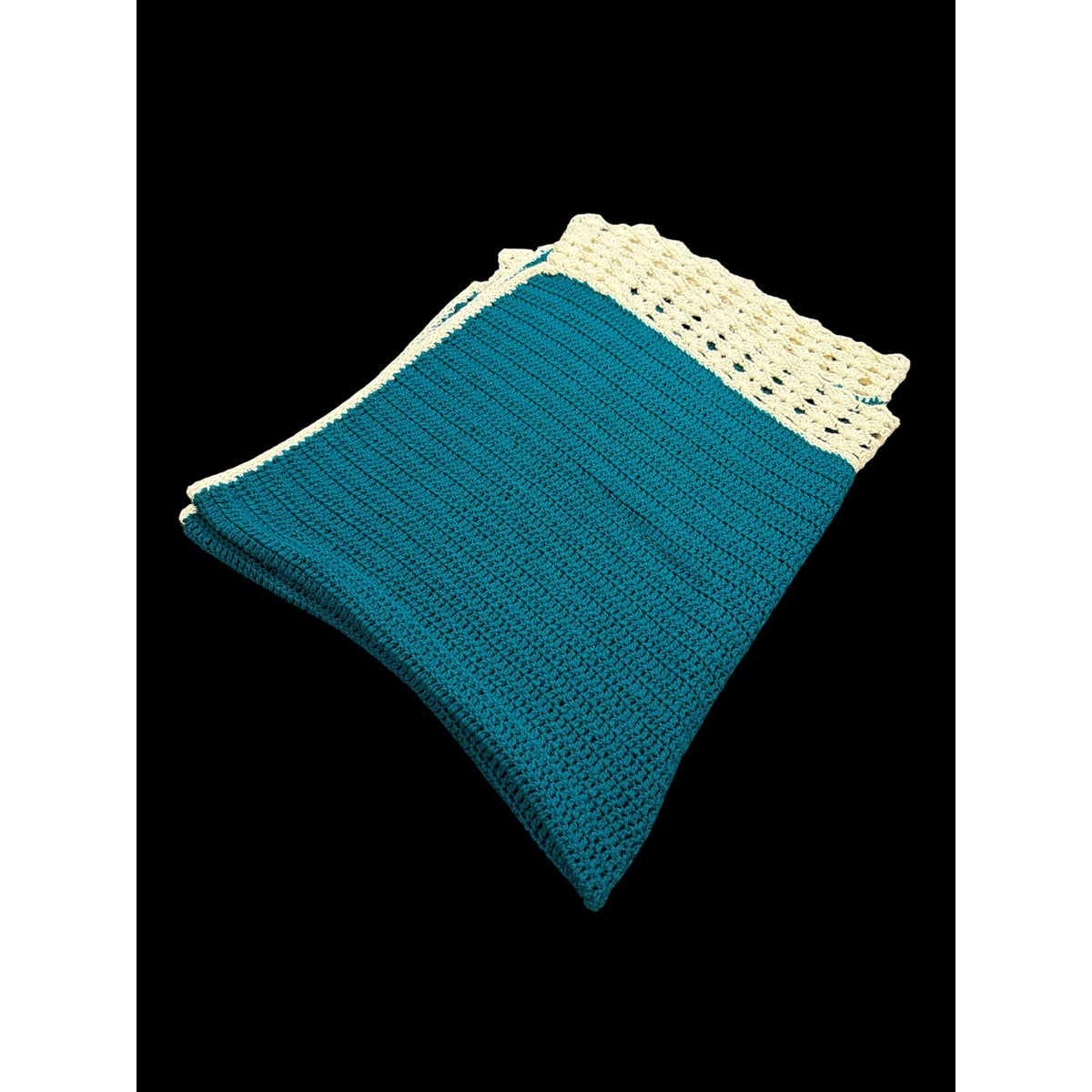 Handmade Crochet Afghan Blanket Peacock Blue Ivory Lace Trim 58 x 46