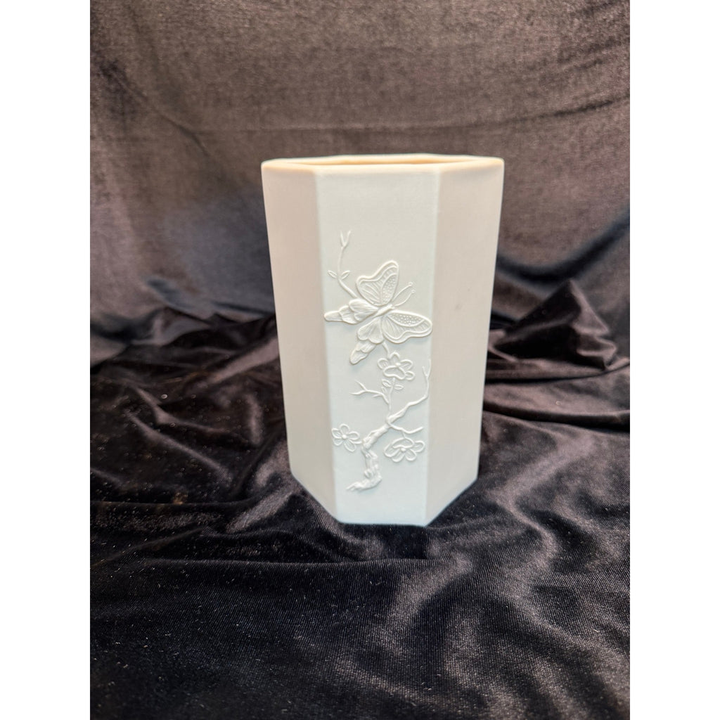 Vintage Matte Bisque Porcelain Butterfly & Cherry Blossom Hexagon Vase 7"