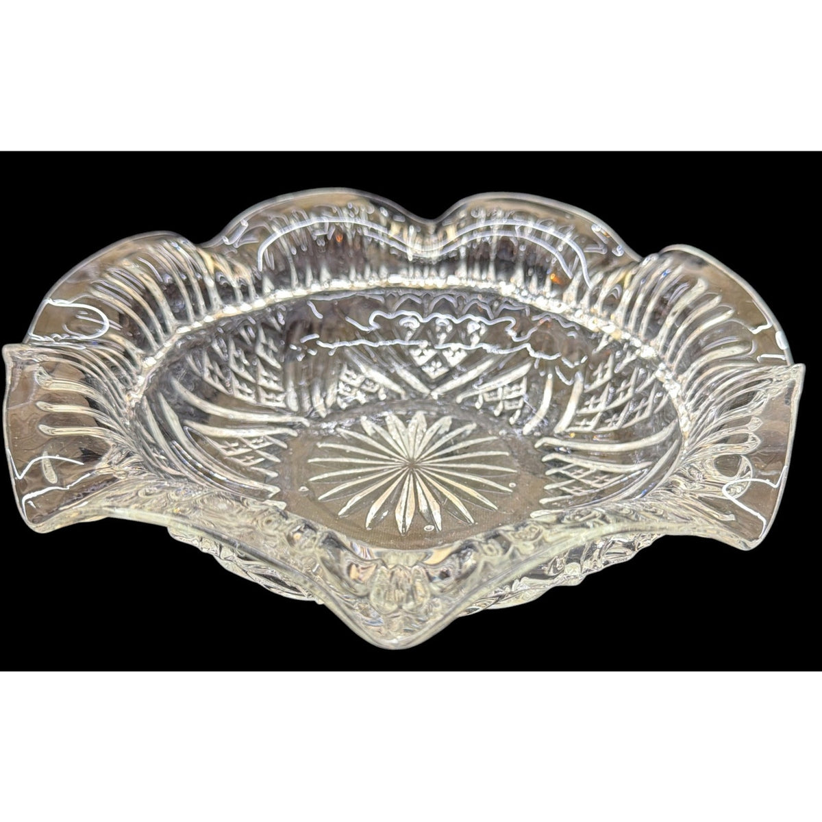 Large Vintage Pressed Glass 10" Ruffled Centerpiece Bowl Starburst Mid Century – additional view 3