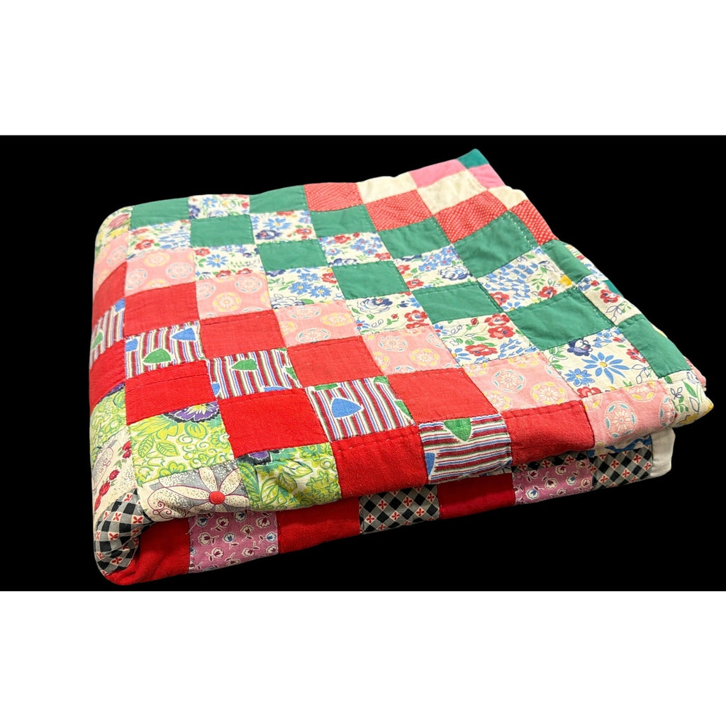 Vintage Hand Pieced Hand Quilted Trip Around the World Quilt 70x72