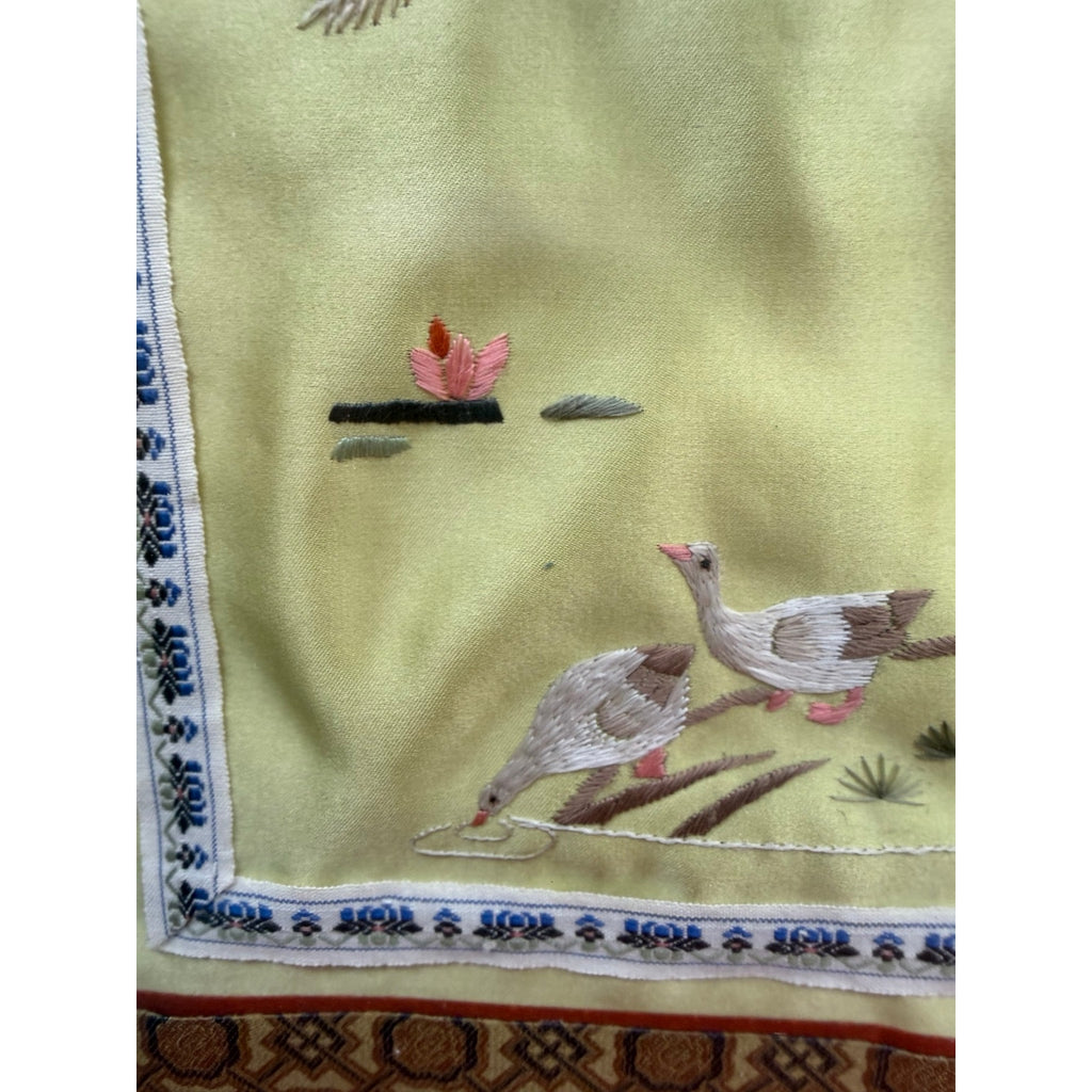 Vintage Chinese Hand Embroidered Silk Art Birds Brocade Framed 16 x 15