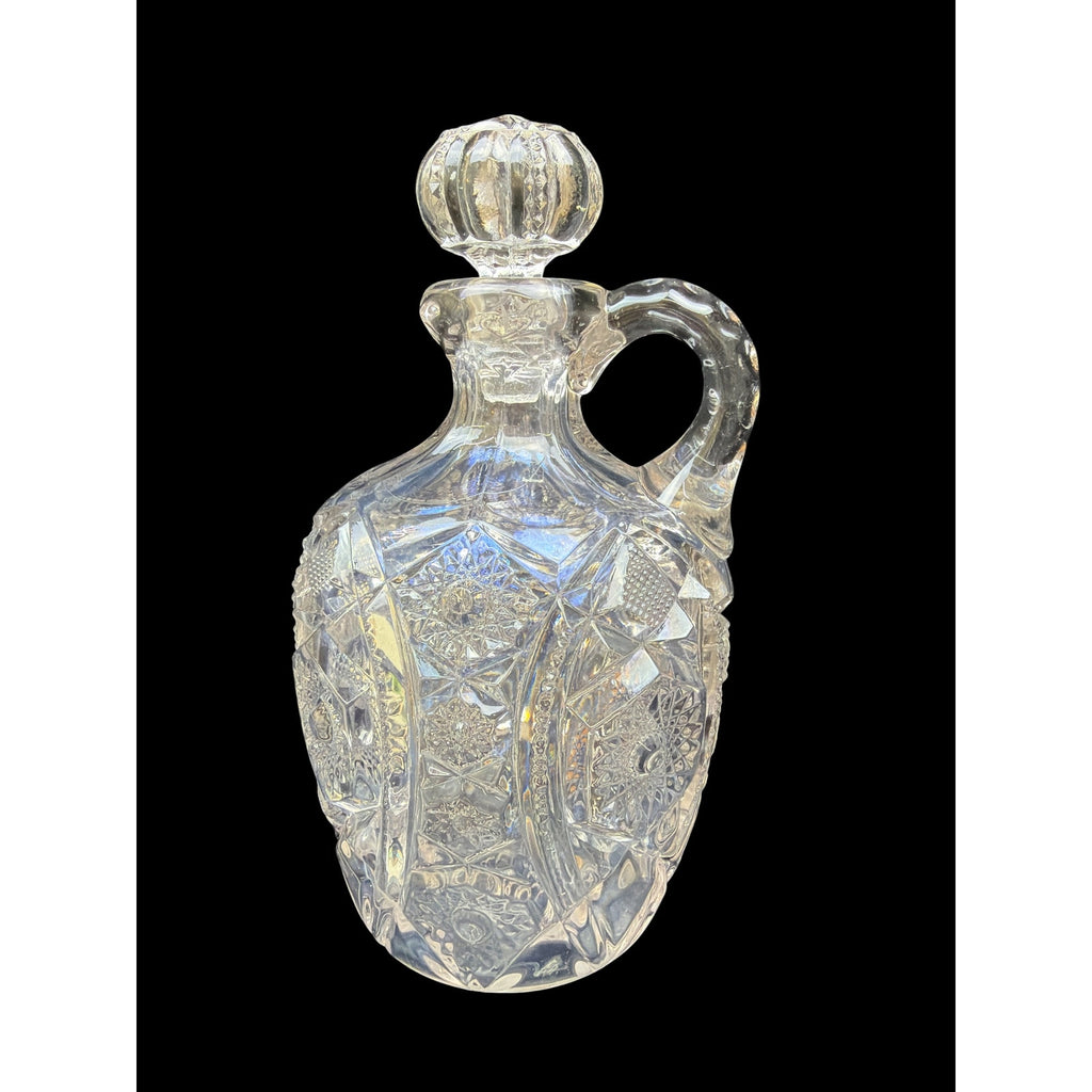 Antique Pressed Glass Handled Decanter with Original Stopper Starburst Pattern