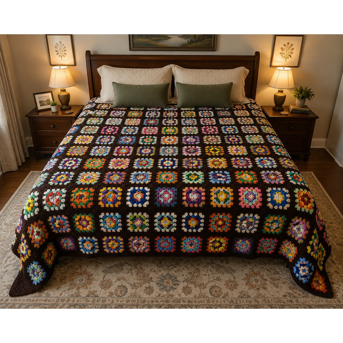 Vintage King Size Granny Square Crochet Afghan 115 x 85 Handmade Bedspread – main view