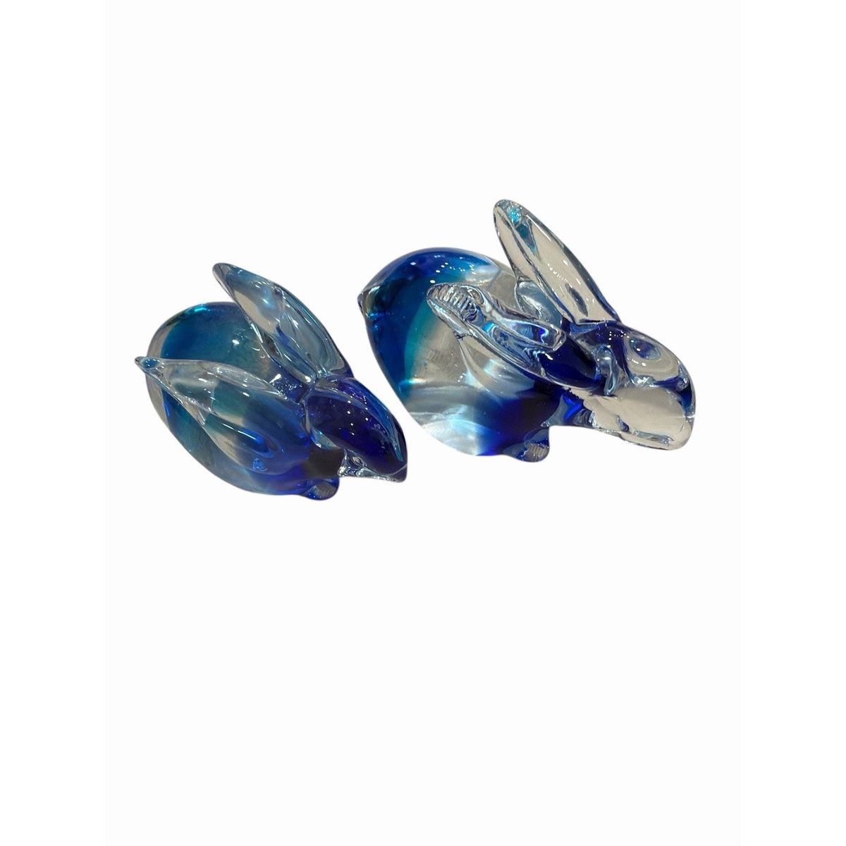 Blue Art Glass Bunny Rabbit Paperweight Pair 4” & 3” Hand Blown Figurines