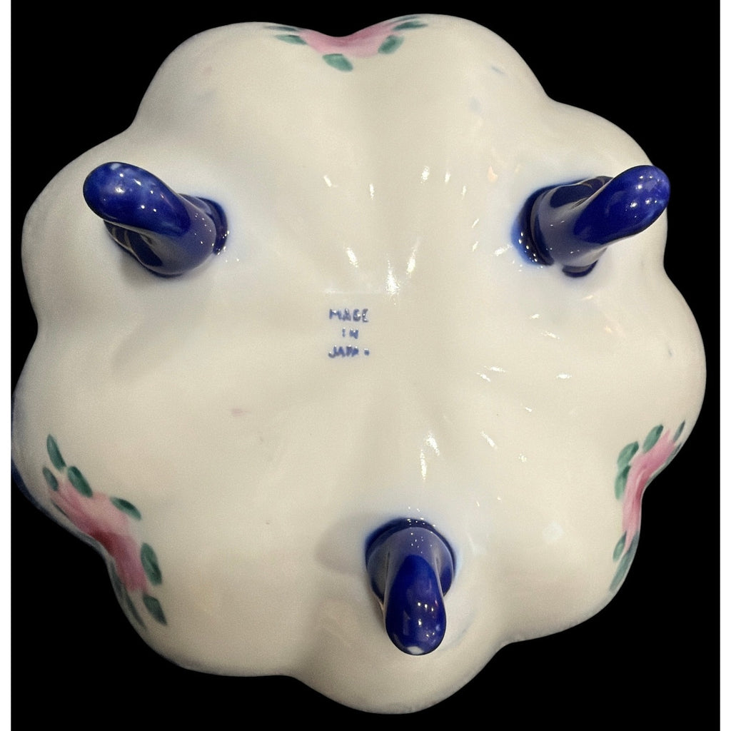 Vintage Hand Painted Japanese Footed Porcelain Bowl, Cobalt Blue & Gold Floral