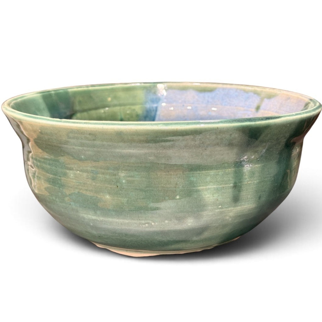Vintage Studio Pottery Bowl Signed SM Green Blue Glaze Hand Thrown 8.25"