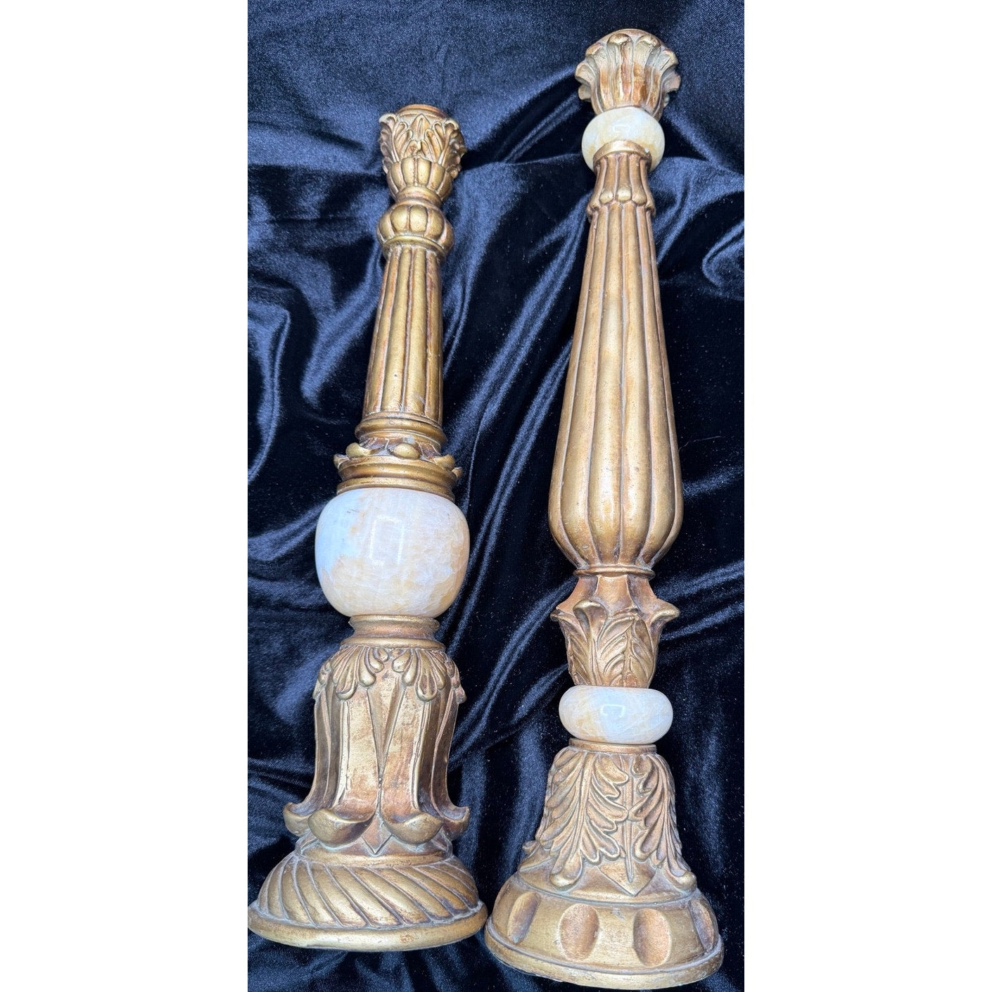 Vintage Stone & Gilt Resin Candlestick Set French Country Decor