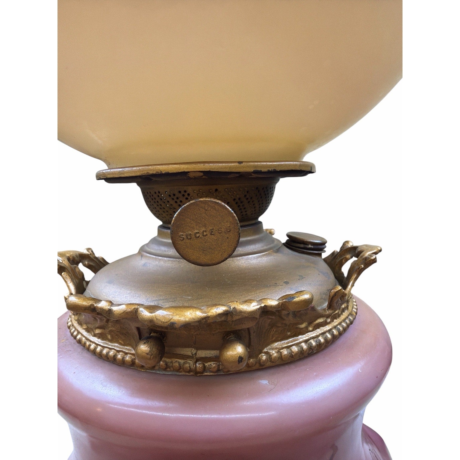 Antique Banquet Oil Lamp Pink Satin Glass Success Burner Floral Globe