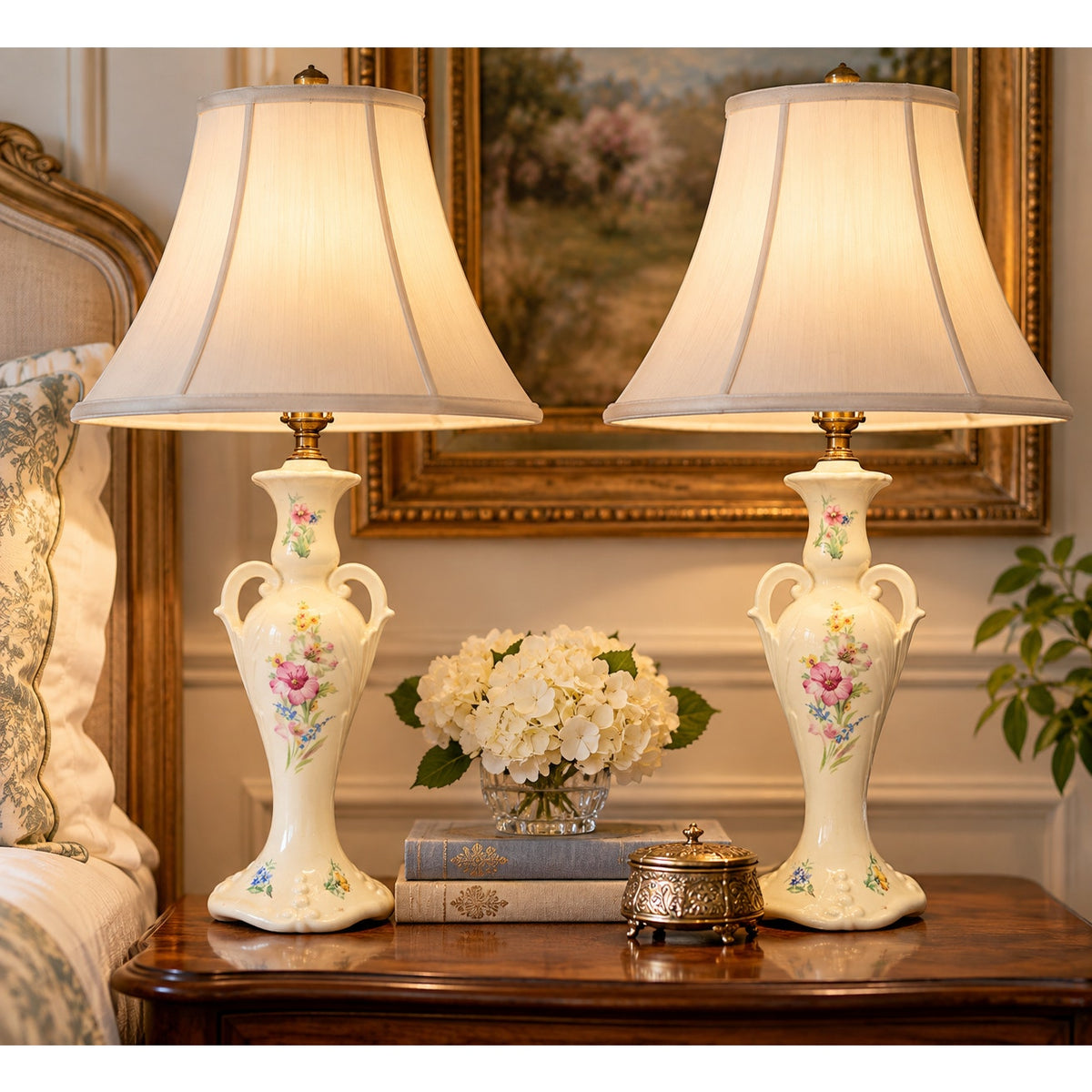 Vintage Floral Ceramic Boudoir Lamps Pair Rewired with New Silk Shades