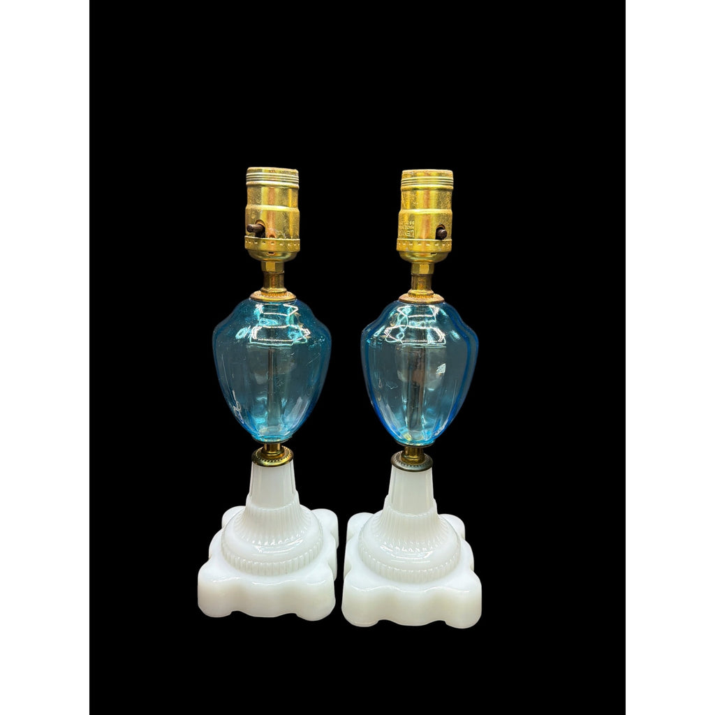 Pair Antique Converted Oil Lamp Boudoir Lamps Blue Glass & Milk Glass