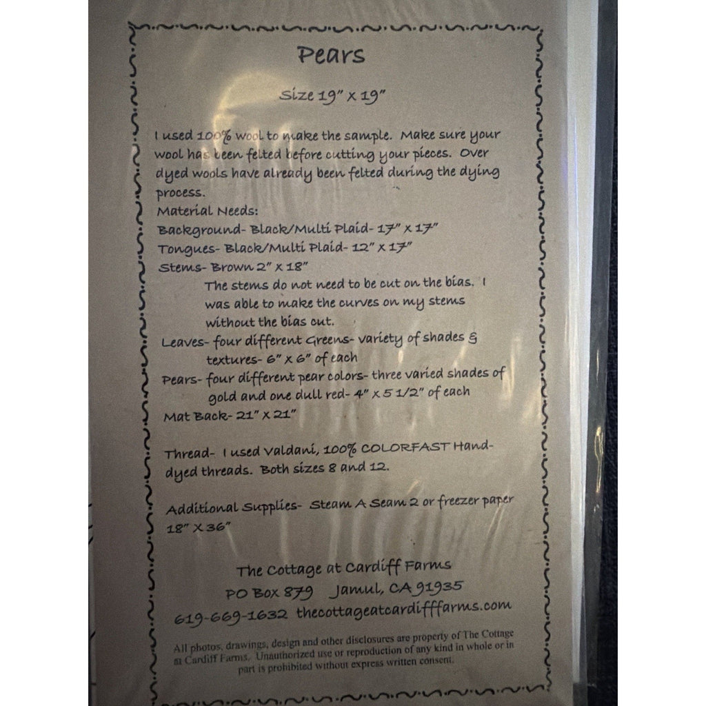 Cottage at Cardiff Farms Pears Wool Applique Pattern CCFW0004