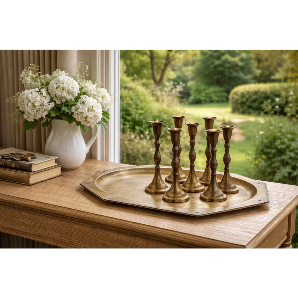 Monumental Antique Brass Tray with Six Candlesticks – Old World European Table Centerpiece
