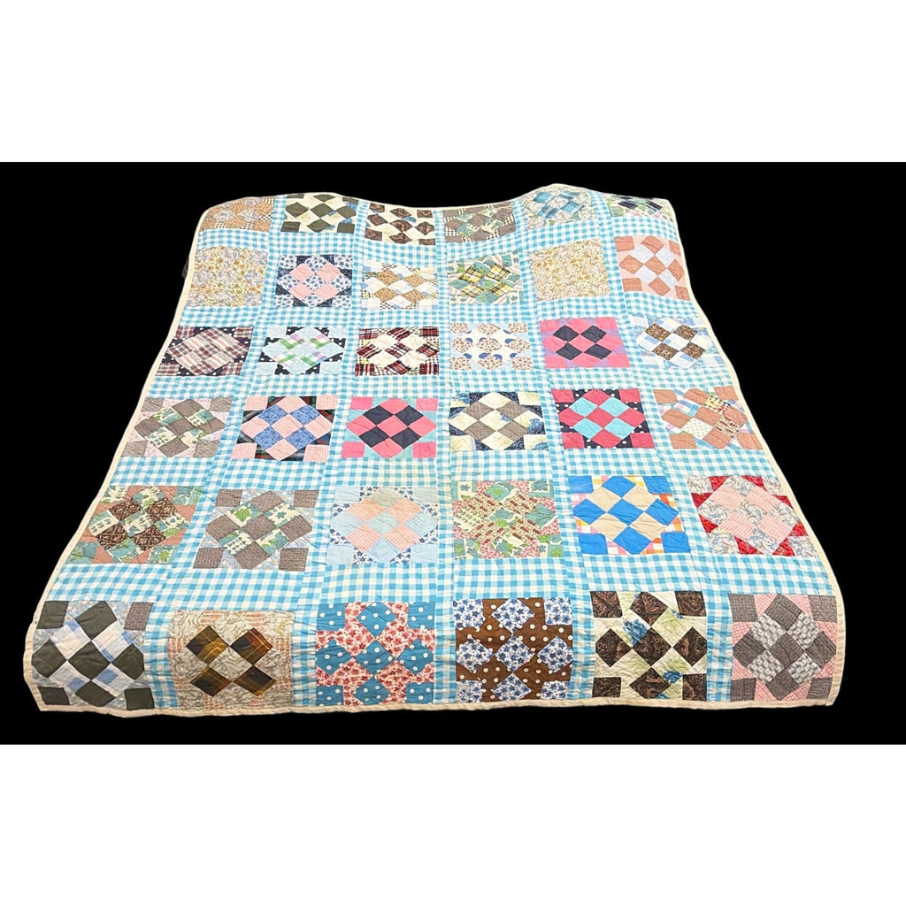 Vintage Hand Quilted 20-Piece Nine Patch Quilt Blue Gingham 66 x 77 – additional view 2