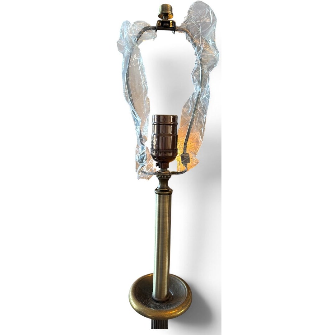 Pair of Vintage Ornate Metal Table Lamps Bronze Brass Patina Silk Shades 30"