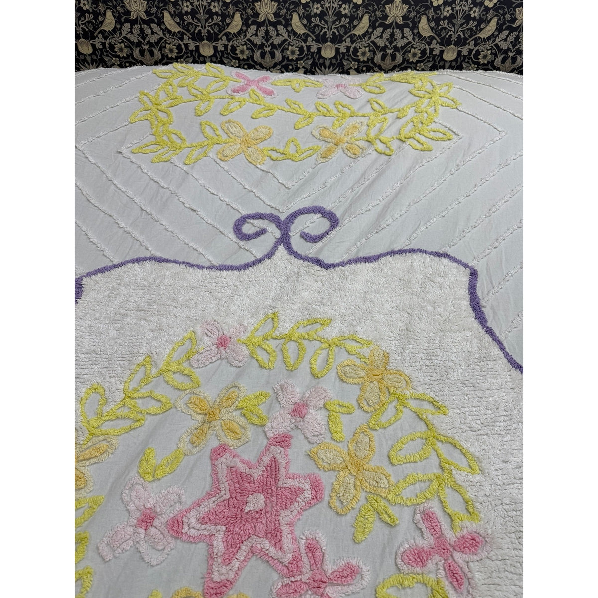 Vintage Chenille Bedspread King 108 x 122 Floral Lavender Pink Yellow – additional view 11