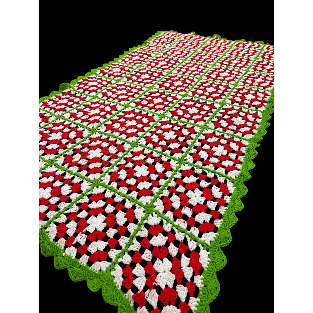 Christmas Crochet Afghan Red White Lime Green Granny Square Bed Throw 74 x 40