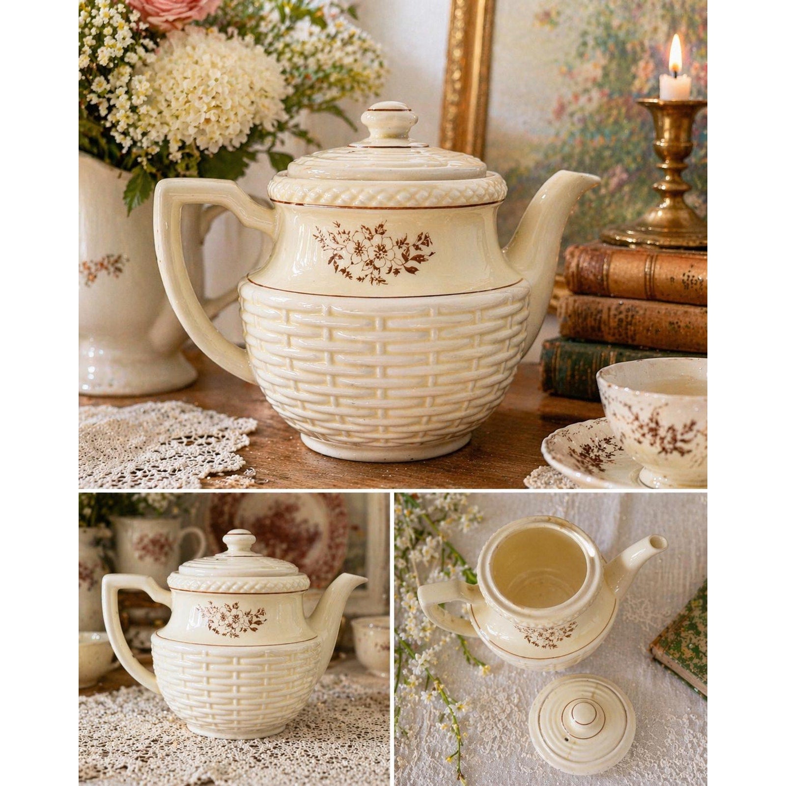 Vintage Porcelier Teapot: Ivory Basket Weave Floral China Display Piece