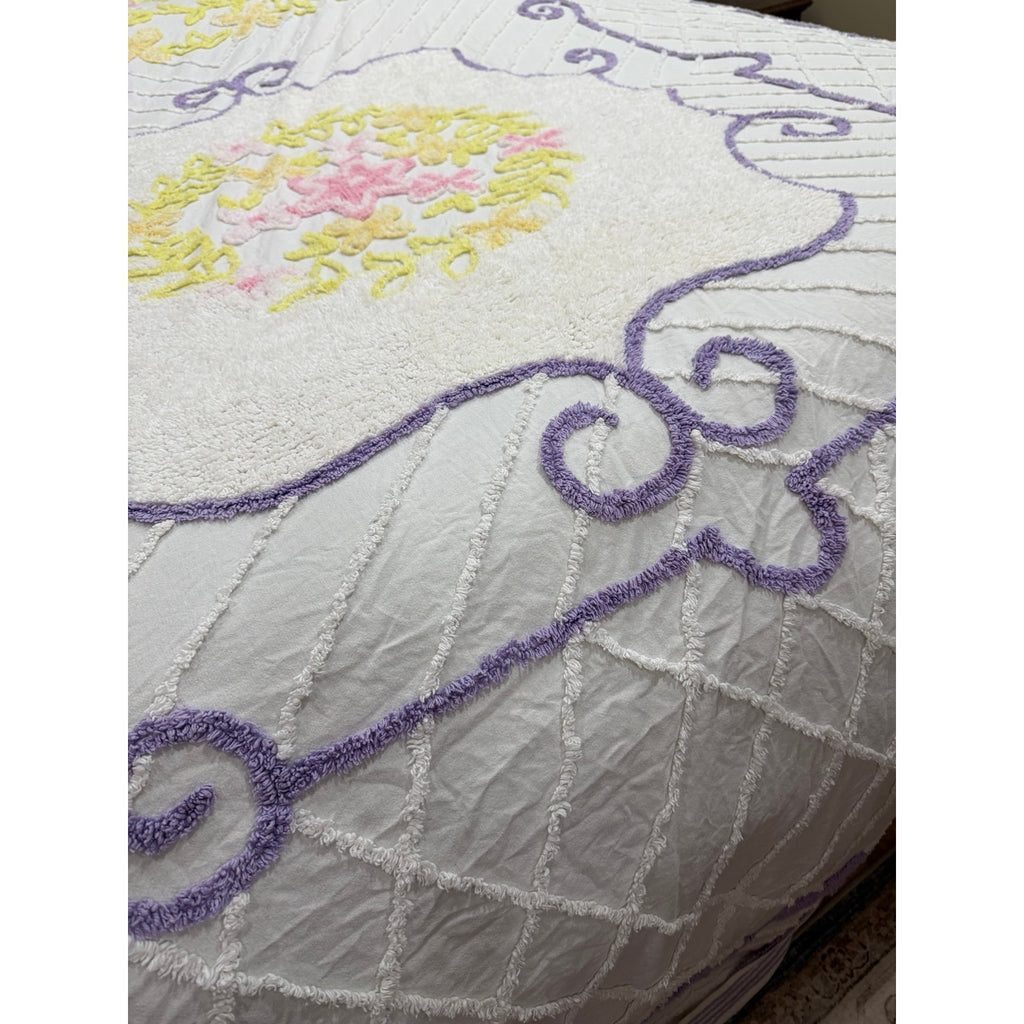 Vintage Chenille Bedspread King 108 x 122 Floral Lavender Pink Yellow – additional view 7