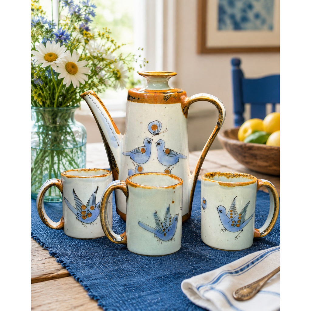 Vintage Del Palomar Mexico Coffee Pot & 3 Mug Set Blue Bird Stoneware