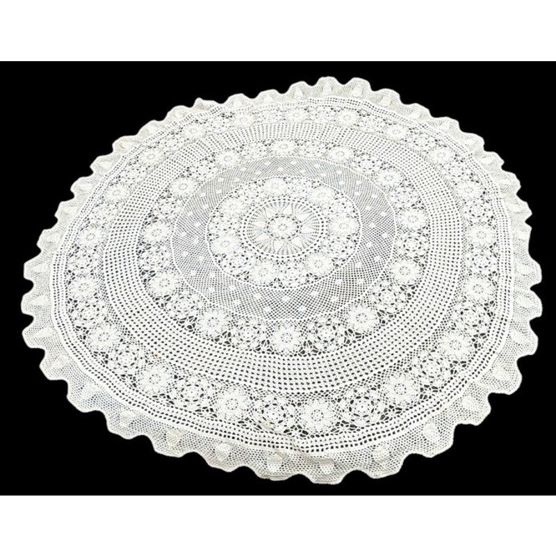 Vintage Hand Crochet Lace Tablecloth 57" Round Floral Wedding Table Linen – additional view 2
