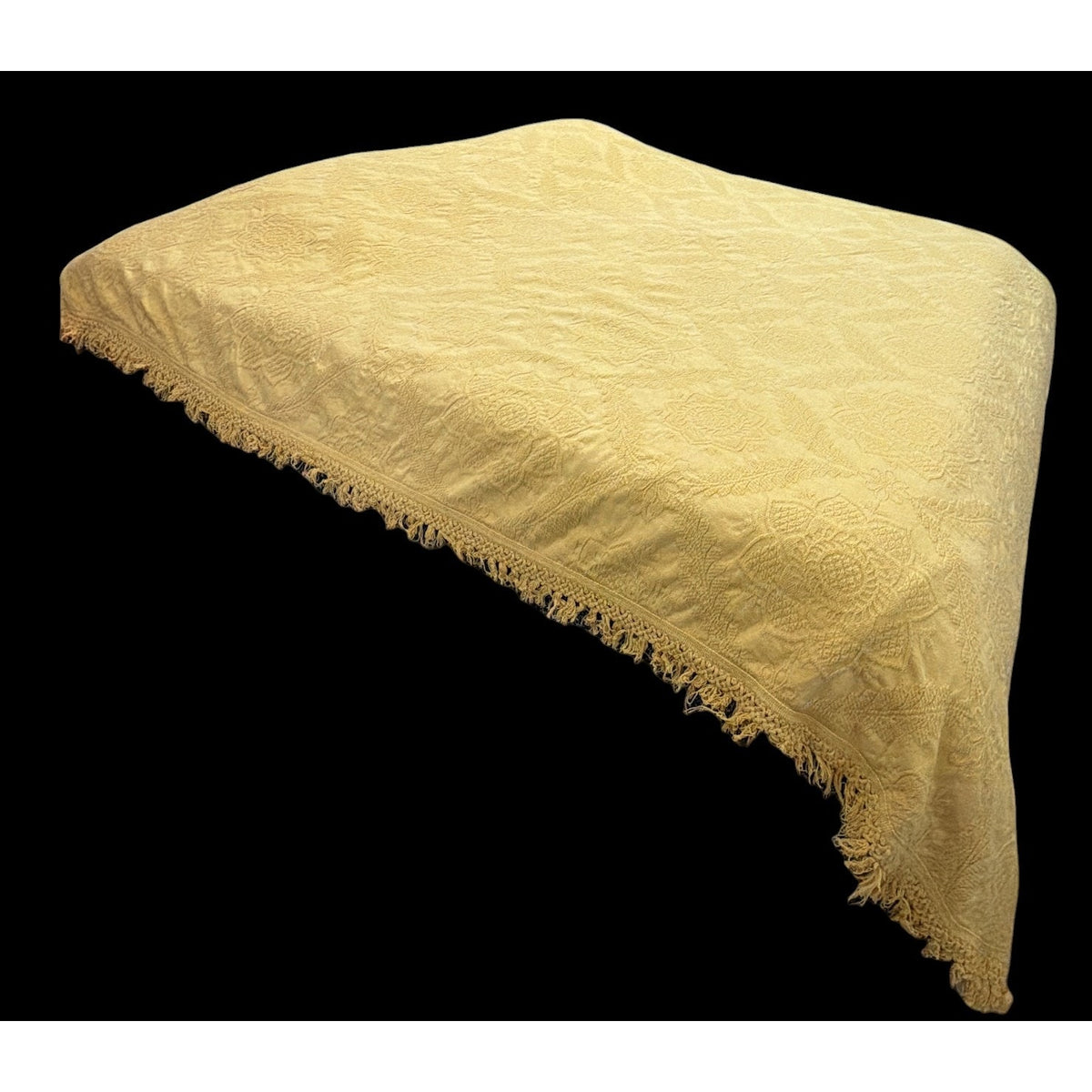 Vintage Morgan-Jones Mustard Yellow Chenille Bedspread Floral Fringe Full 92x108