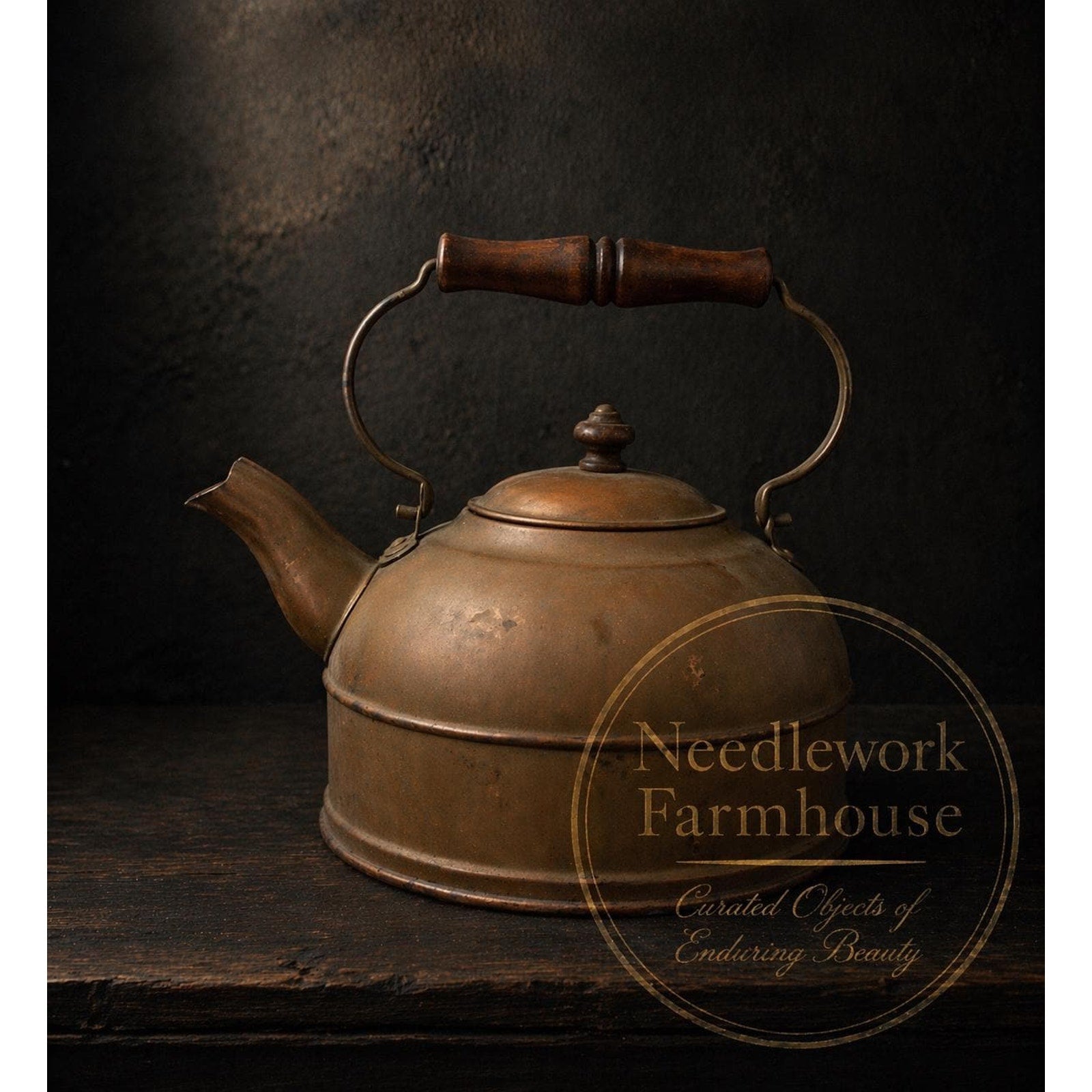Antique Copper Tea Kettle Primitive Farmhouse Decor Wood Handle 1930s