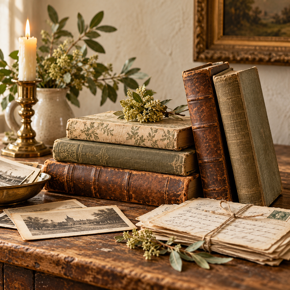 Antique books, postcards and handwritten letters arranged on warm farmhouse wood